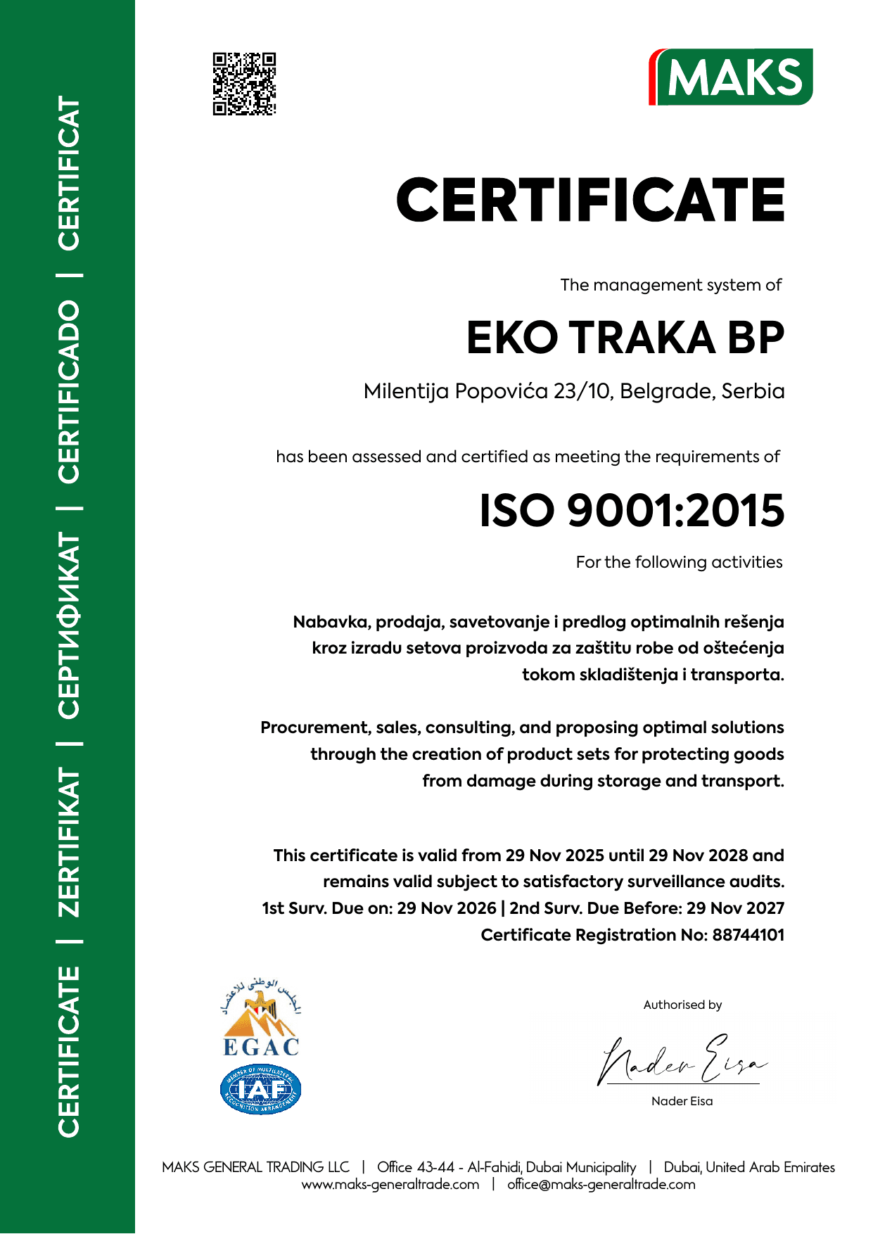 ISO 9001:2015 sertifikat EKO TRAKA BP 2025-2028